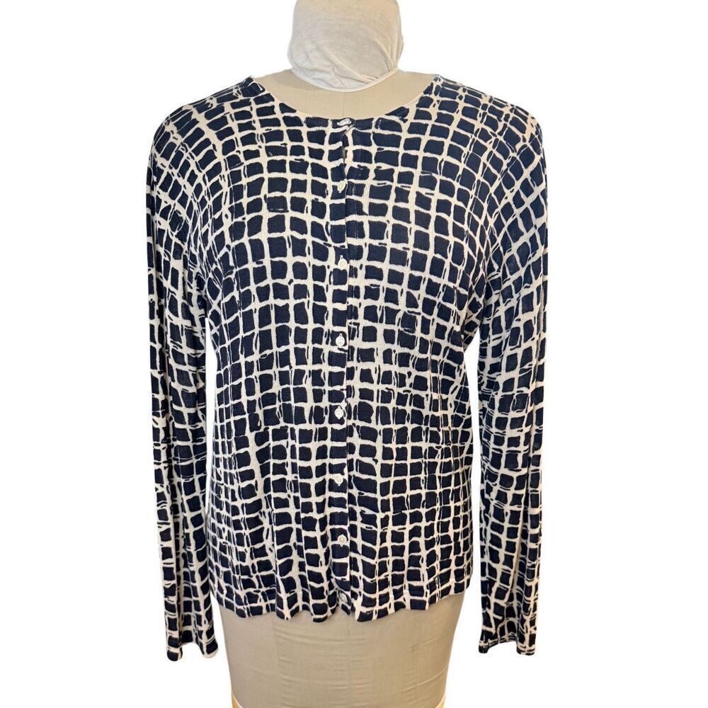 August Silk Cardigan 100% Silk Button Front XL Black & Tan Geometric Print